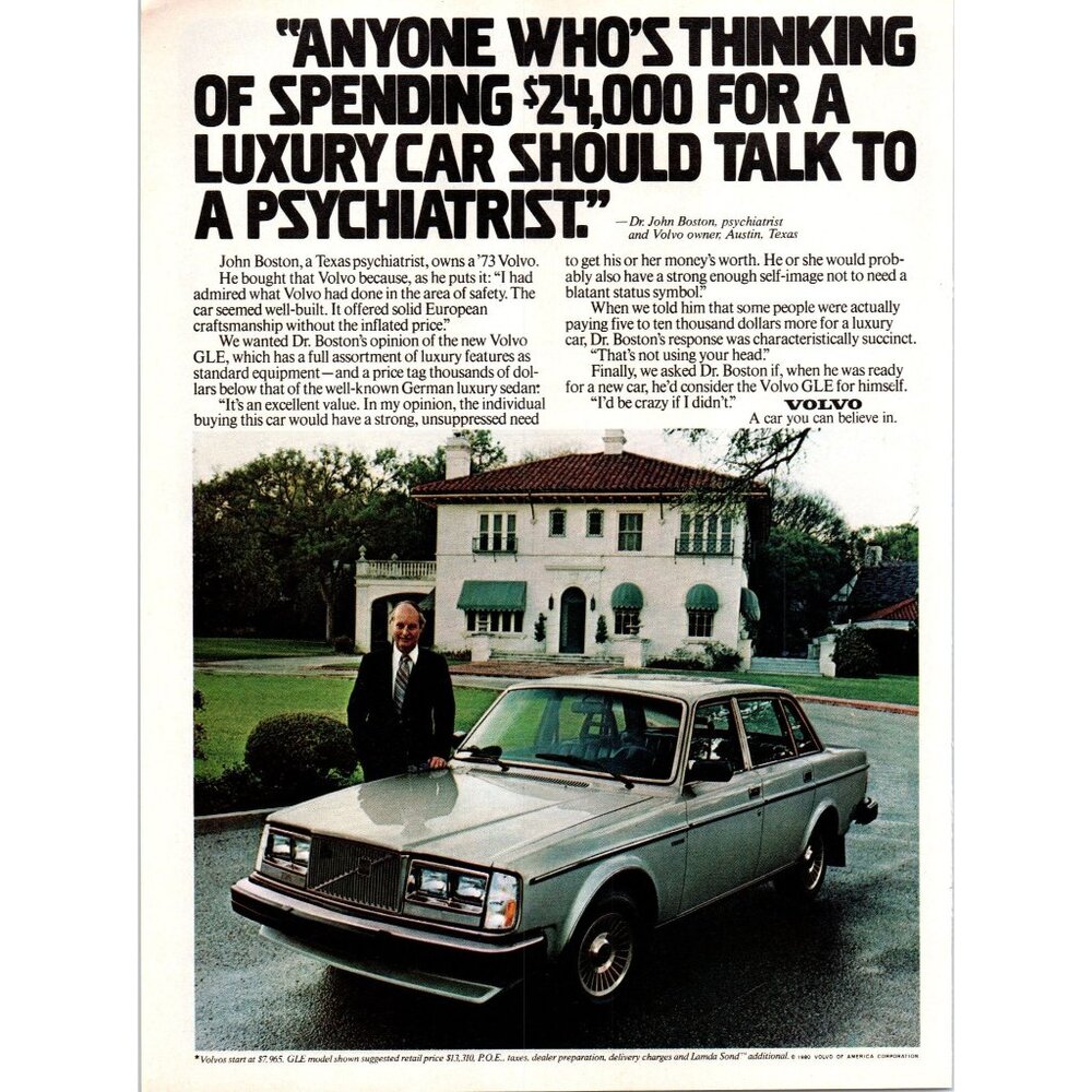 1980 Volvo GLE Luxury Sedan Vintage Print Ad Mansion Estate Austin TX Wall Art
